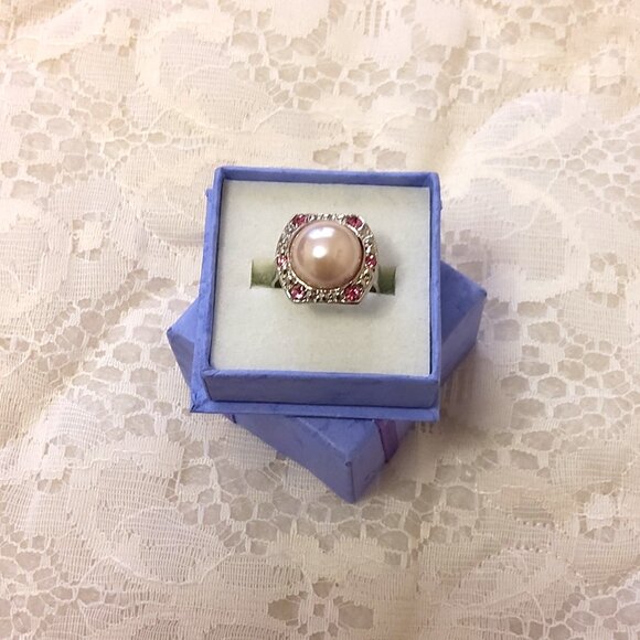 VTG Girls Women’s Pearl Pink Crystal Silver Tone Adjustable Vintage Ring - Picture 3 of 7